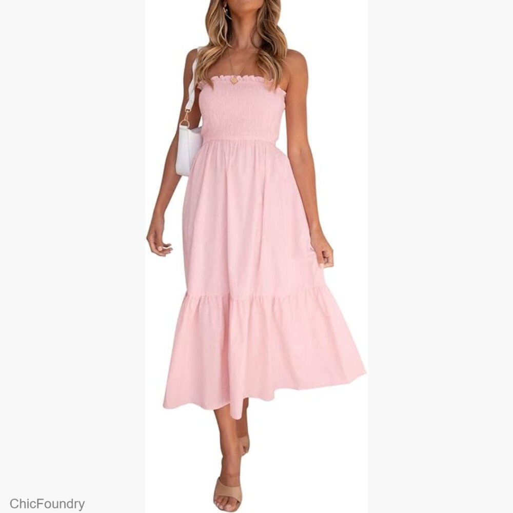 Strapless Maxi Dress Boho Flowy Smocked Waist Summer Casual Beach